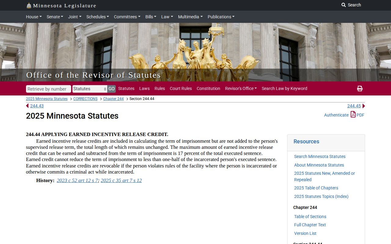 Minnesota earned credit law affecting Stearns projected release dates