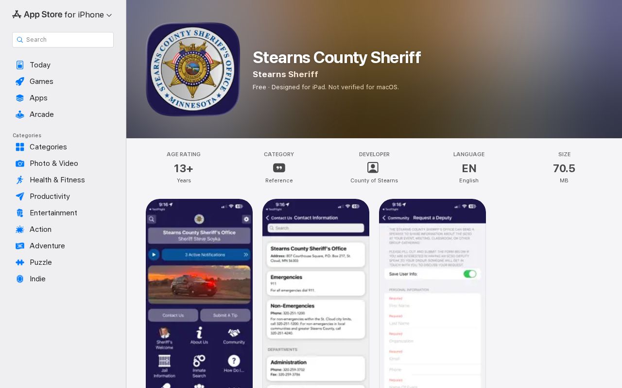 Stearns County Sheriff app listing with no verified 24-hour release search